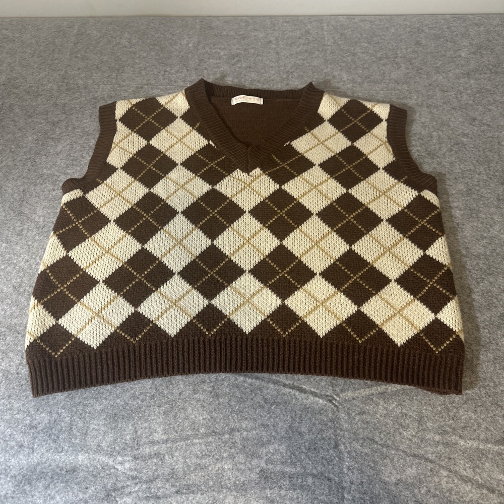 Romwe  Argyle Sweater Vest‎ Pullover V Neck Womens Size M Browns Preppy Academia